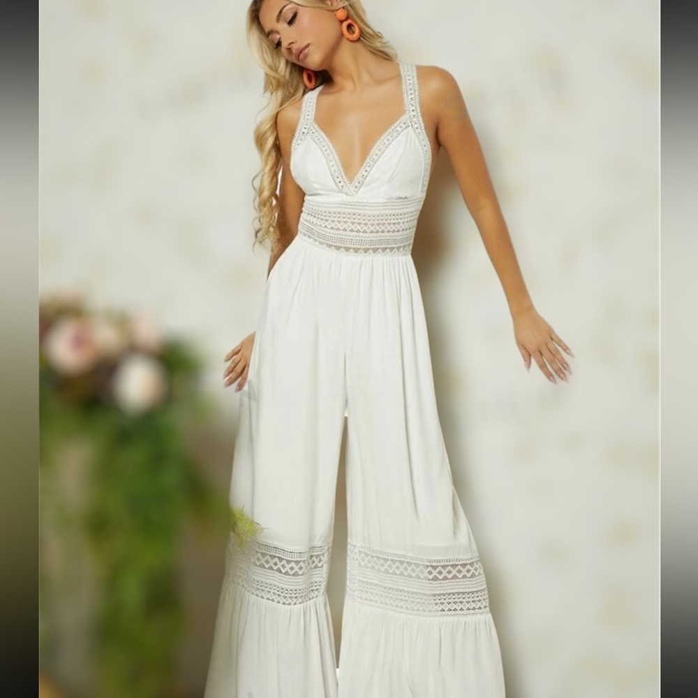 🔥FINAL SALE🔥 Wide Leg Guipure Lace Insert Cami Jumpsuit